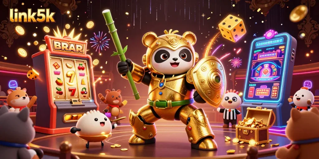 Experience thrilling wins with link5k in this action-packed 3D casino illustration.