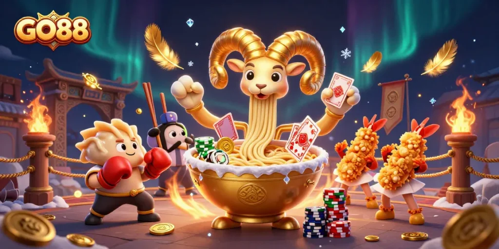 Engaging action at GO88: A giant ramen bowl dealer, sushi dealer, and gyoza sidekick captivate players.