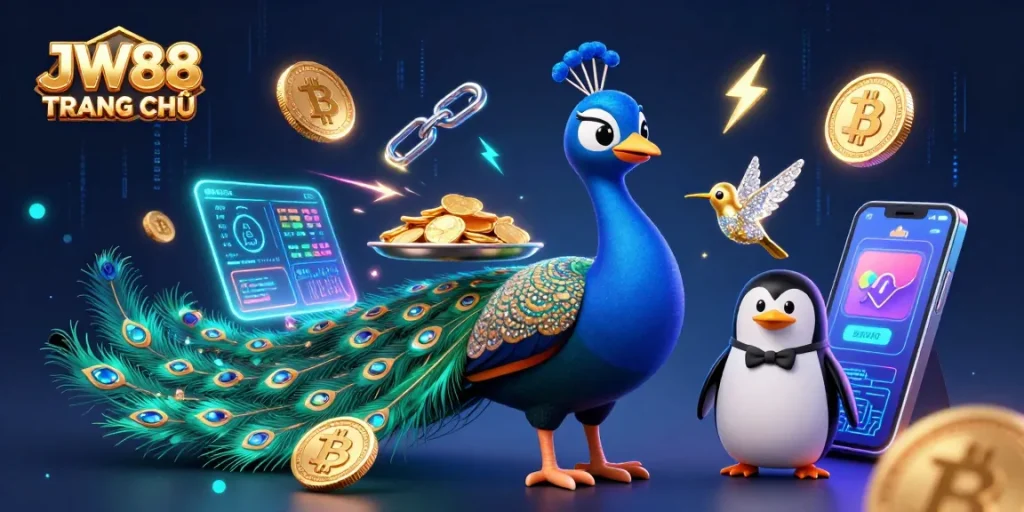 Experience the excitement at JW88 TRANG CHỦ with vibrant characters and glowing crypto elements