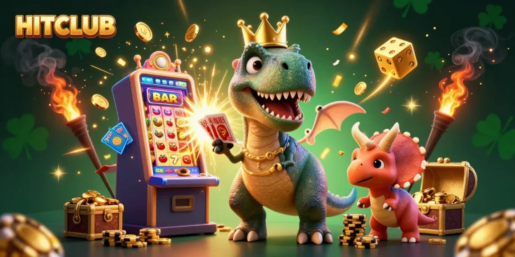 Spin the slots at HITCLUB with a whimsical T-Rex and friends stacking chips and celebrating wins.
