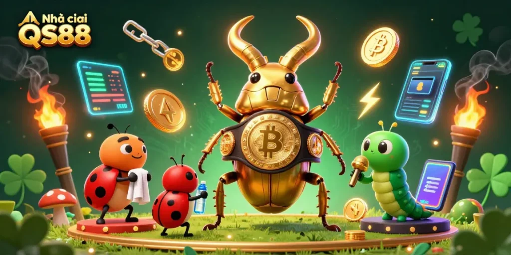 Engage with Nhà cái QS88 in a vibrant casino scene featuring gold elements and crypto coins.