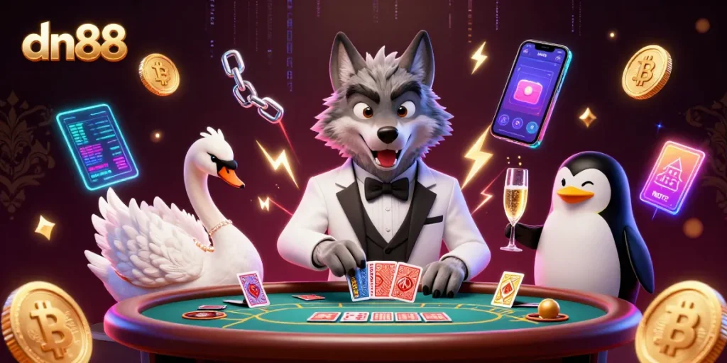 Play baccarat at dn88 with a debonair wolf, elegant swan, and penguin sommelier.