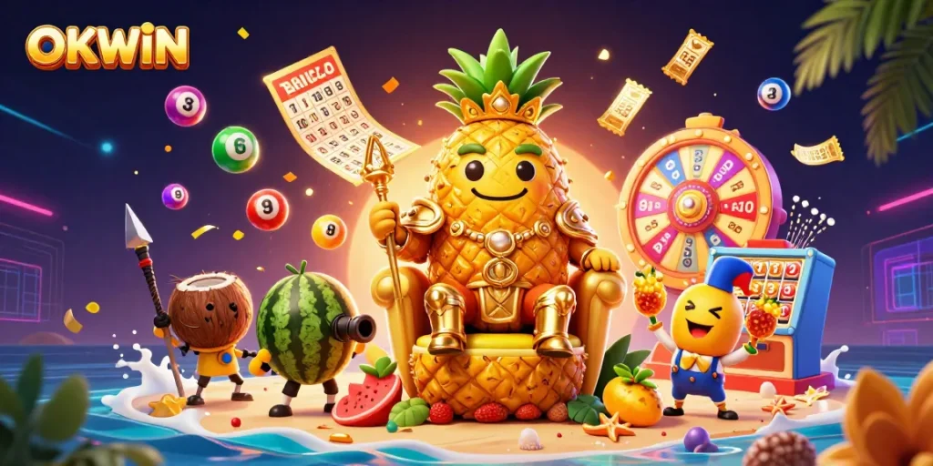 Experience the excitement with OKWIN's vibrant casino scene featuring engaging characters and dynamic lottery elements.