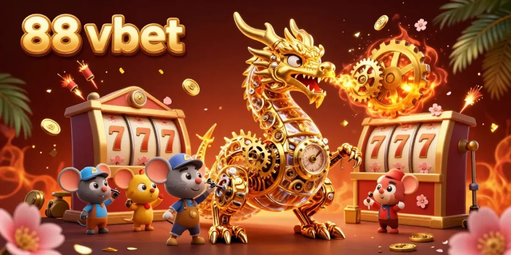 Experience the excitement of 88 vbet with a golden dragon and dynamic gaming elements in a vibrant casino scene.