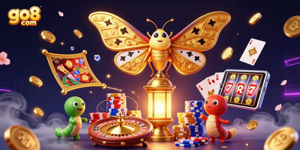 Experience thrilling wins at go8 com with stunning 3D casino illustrations featuring gold coins and vibrant game elements.