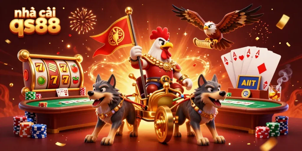 Experience thrilling gameplay at nhà cái qs88 with vibrant slots and dynamic casino elements in an action-packed scene.