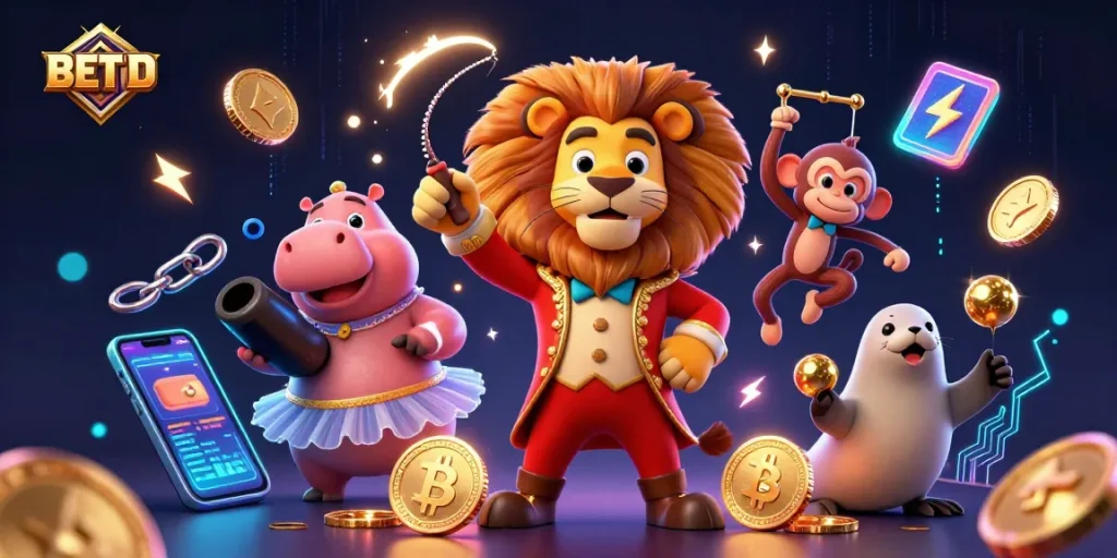 Engage with exciting BETBD casino games featuring vibrant characters and crypto elements in a dynamic setting.