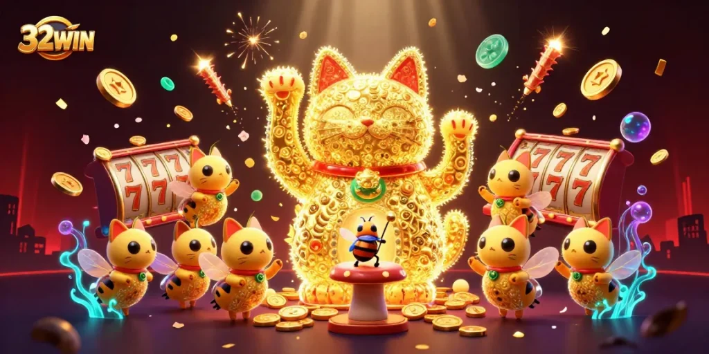 Experience luck at 32WIN with a vibrant, animated lucky cat and casino symbols.