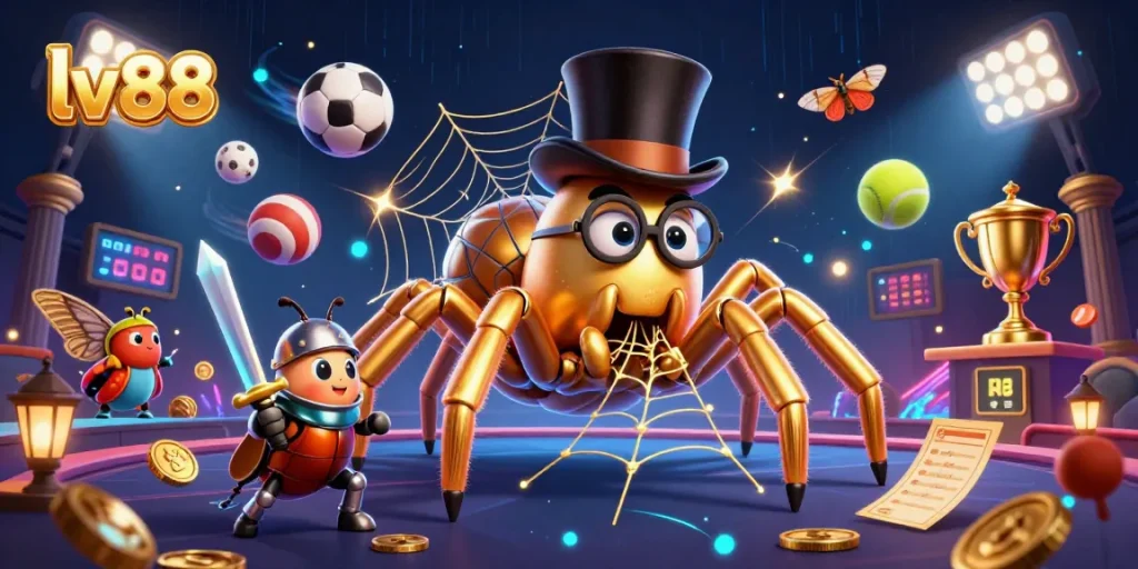 Engage with lively casino gaming illustrated with lv88's golden tarantula and beetle knight in action.