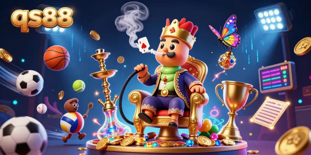 qs88 offers a vibrant 3D illustration showcasing thrilling casino and sports betting elements.
