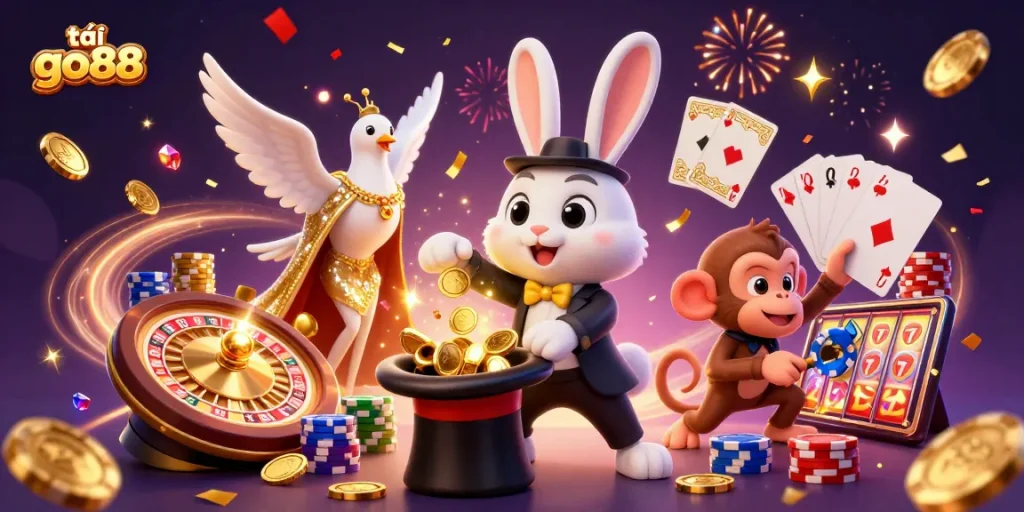 Exciting scene depicting the vibrant action of tải go88 with a magician rabbit, coins, and gaming elements.