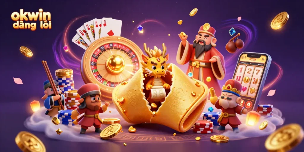 Experience the thrill of okwin đăng nhập with action-packed 3D illustration of a fortune cookie and other iconic gambling elements.